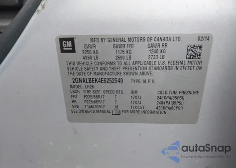 2014 Chevrolet Equinox 1Lt z USA, uszkodzony, nr VIN 2GNALBEK4E6252549